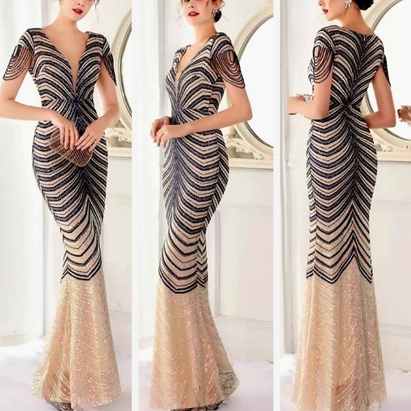 Dresses & Skirts - Navy/Ivory , Short Rhinestone Sleeves,  Sequined,  V Neck, Mermaid Maxi …